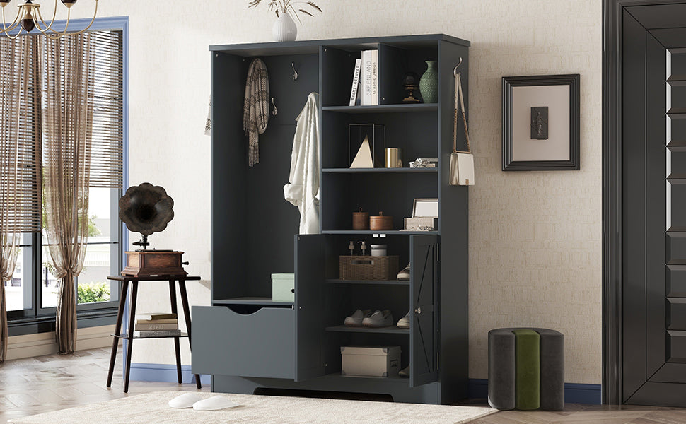 Hall Tree with Shoe Drawer, Storage Cabinet and Coat Hooks