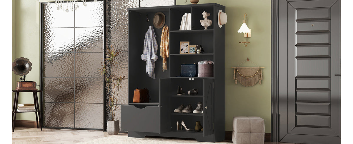 Modern Black Hall Tree with Shoe Bench and Coat Hooks