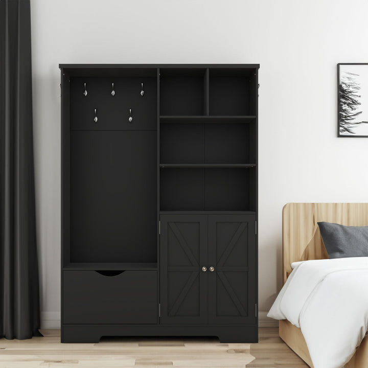 Modern Black Hall Tree with Shoe Bench and Coat Hooks