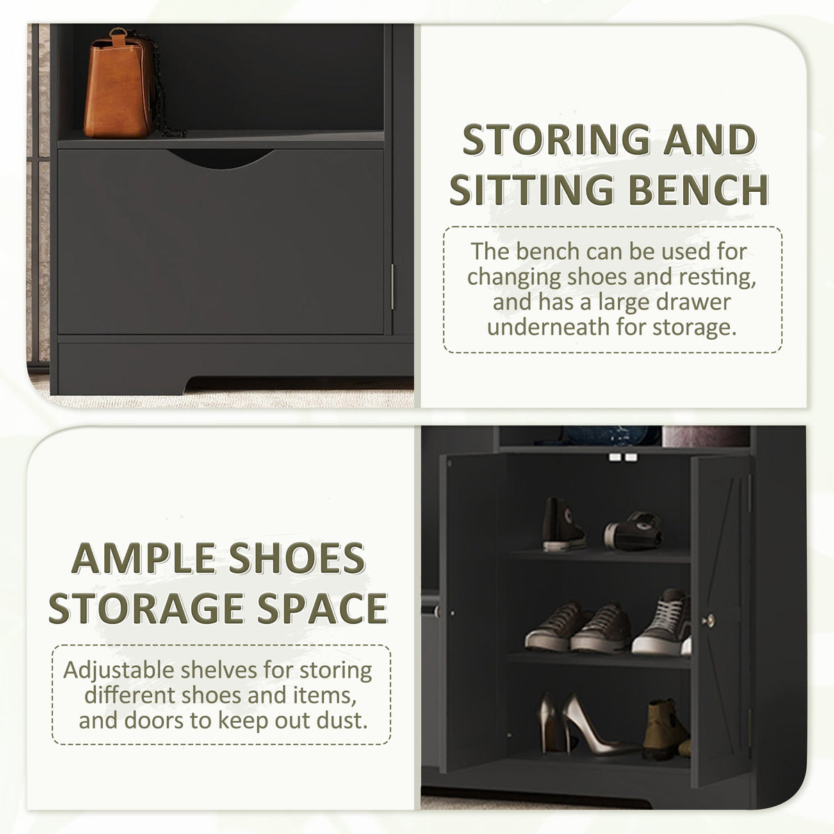 Modern Black Hall Tree with Shoe Bench and Coat Hooks