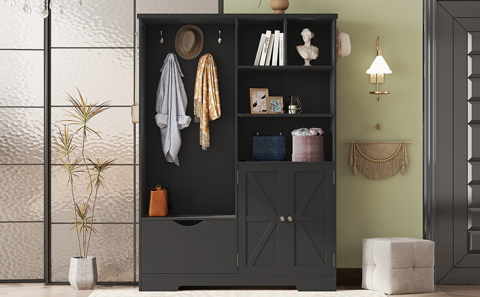 Modern Black Hall Tree with Shoe Bench and Coat Hooks