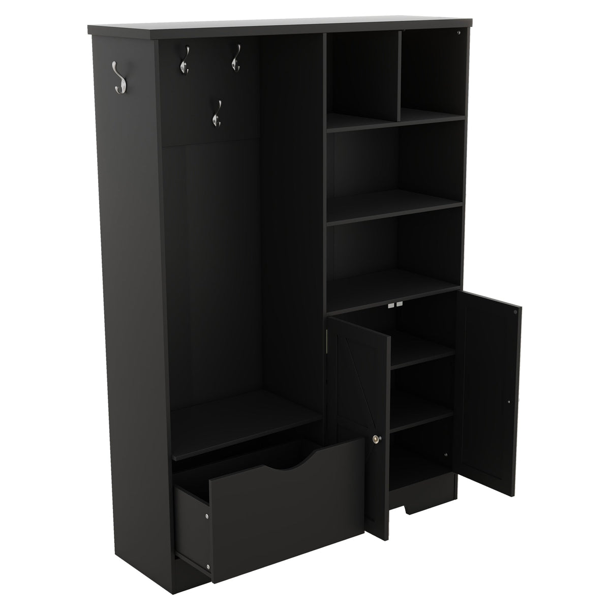Modern Black Hall Tree with Shoe Bench and Coat Hooks