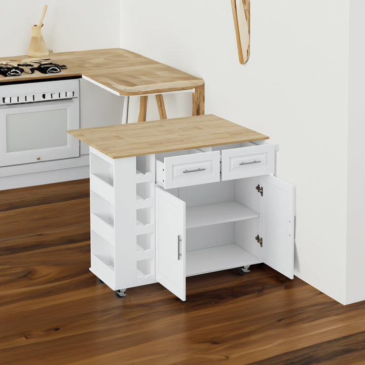 Kitchen Island Cart with Drop-Leaf Table & Wine Rack