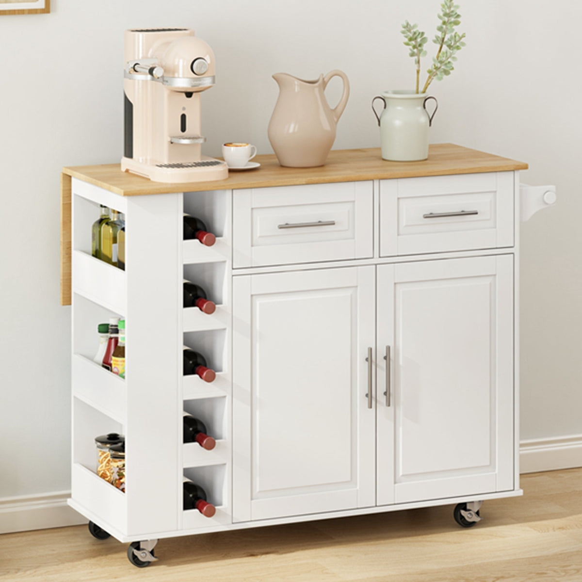 Kitchen Island Cart with Drop-Leaf Table & Wine Rack