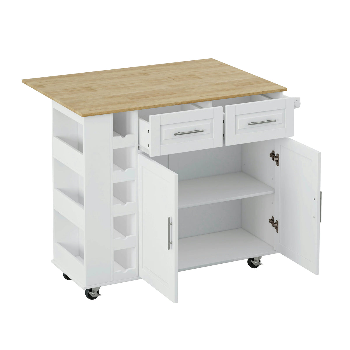 Kitchen Island Cart with Drop-Leaf Table & Wine Rack