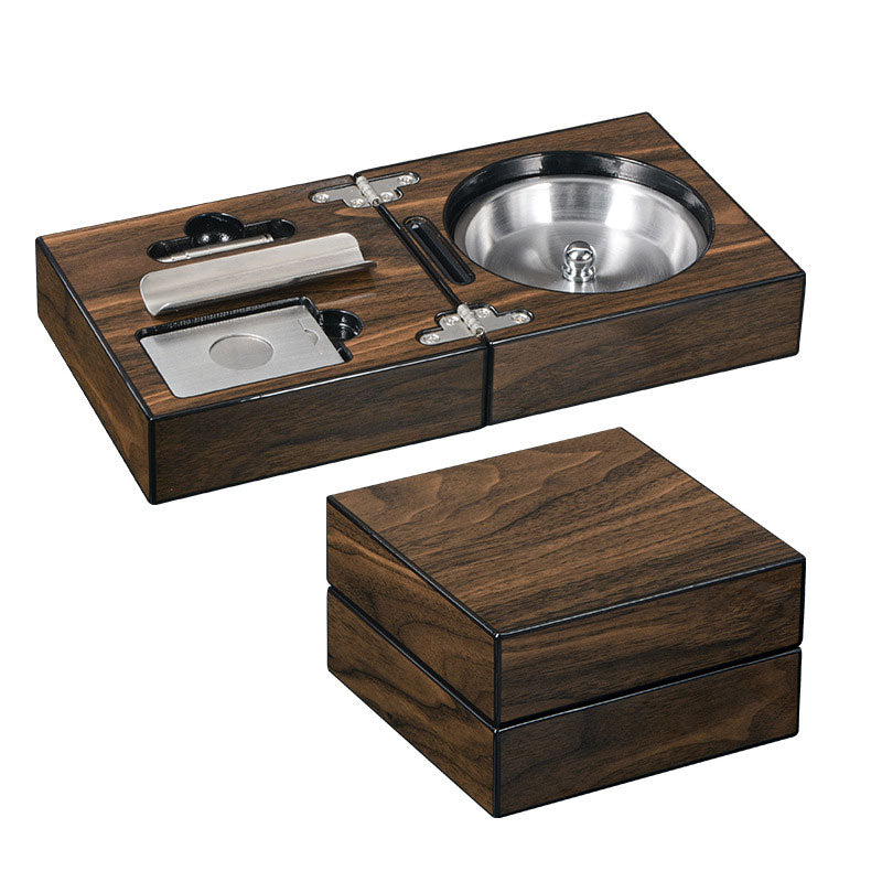 Cigar Ashtray Box: Foldable Walnut Smoking Station