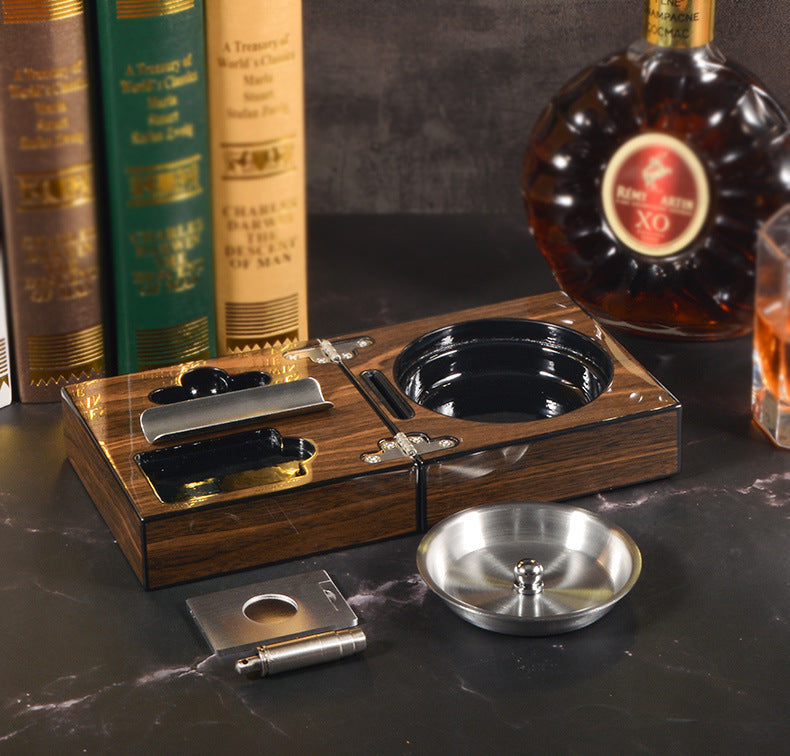 Cigar Ashtray Box: Foldable Walnut Smoking Station
