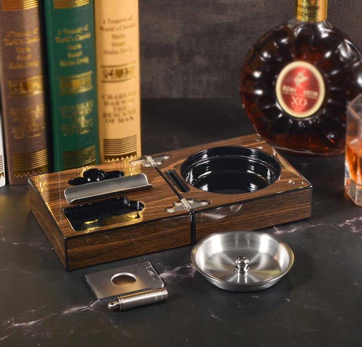 Cigar Ashtray Box: Foldable Walnut Smoking Station