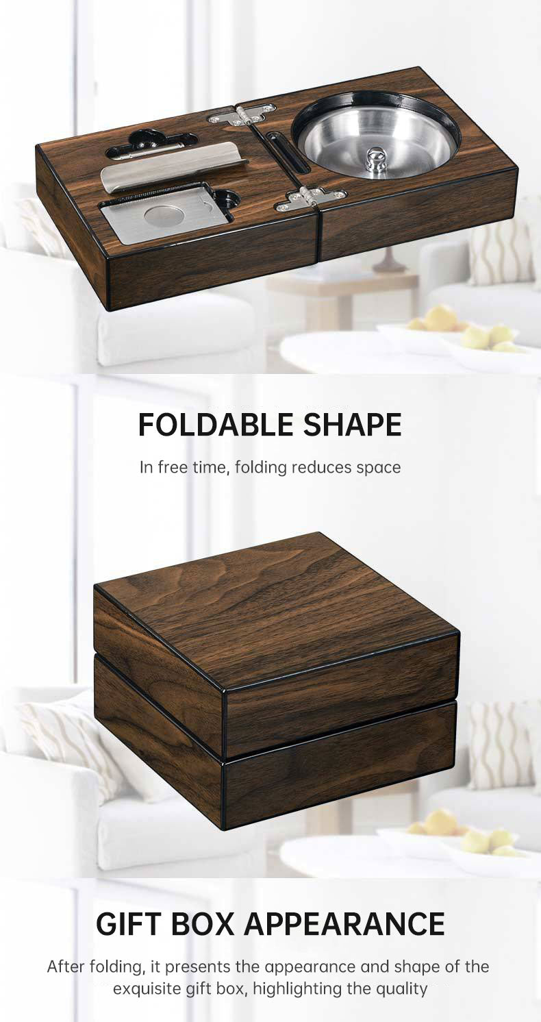 Cigar Ashtray Box: Foldable Walnut Smoking Station