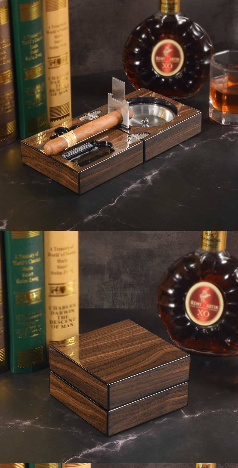 Cigar Ashtray Box: Foldable Walnut Smoking Station