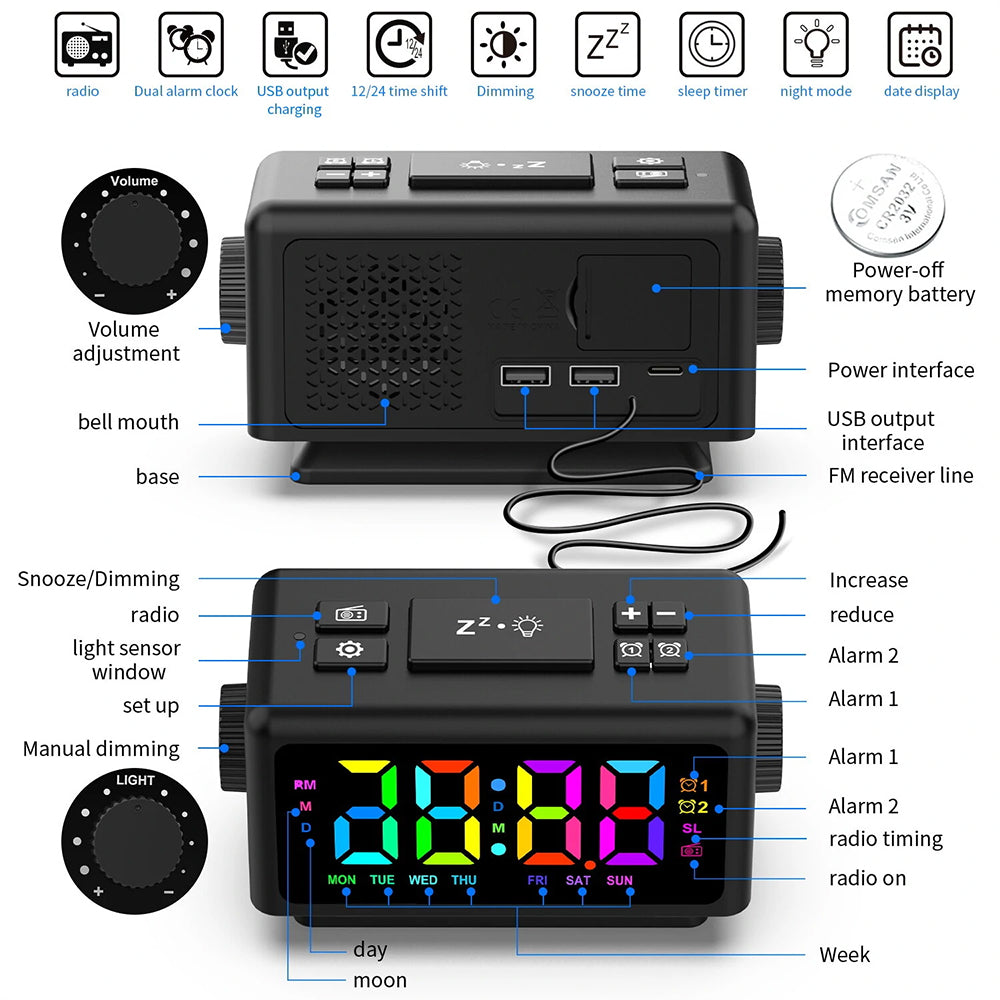 Alarm Clock with Light — Dual Alarms and FM Radio