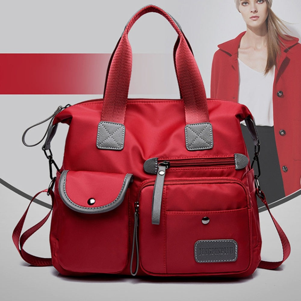 Nylon Tote Handbag With Organized Crossbody Storage