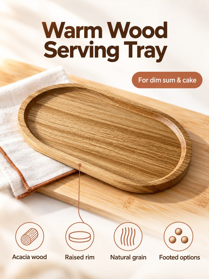 Natural Acacia Wood Serving Tray for Dim Sum & Cake