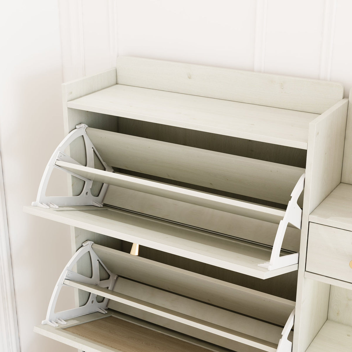 Rattan Shoe Cabinet with Flip Drawers, White Boho