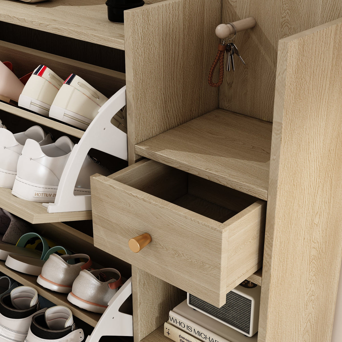 Rattan Flip Drawer Shoe Cabinet for Bohemian Entryways