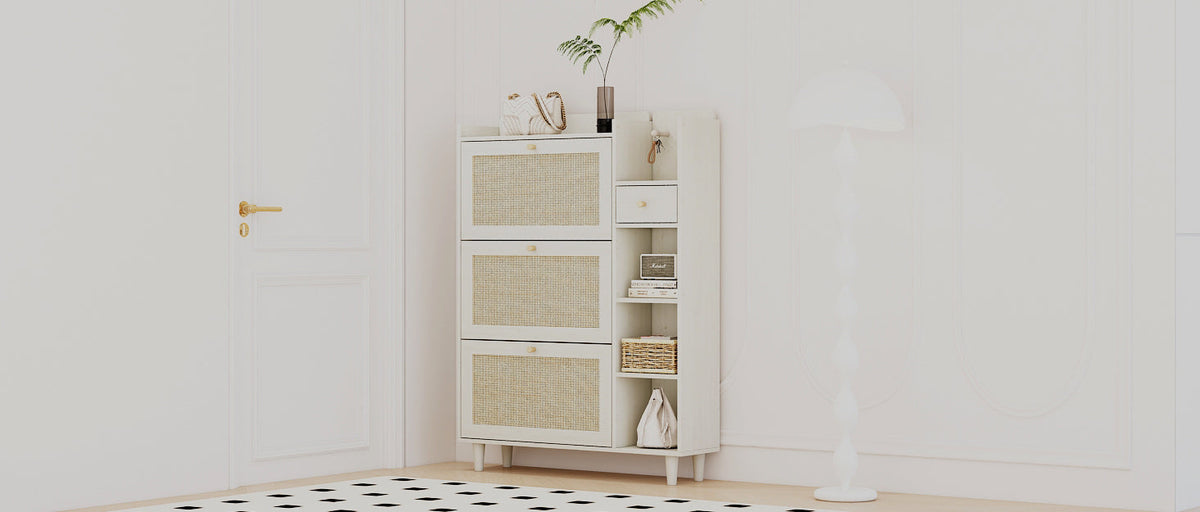 Rattan Shoe Cabinet with Flip Drawers, White Boho