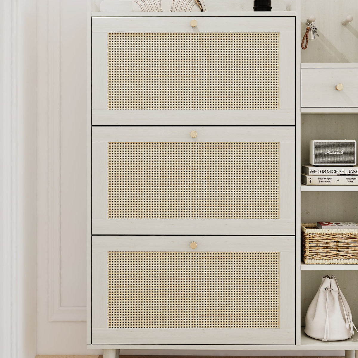 Rattan Shoe Cabinet with Flip Drawers, White Boho