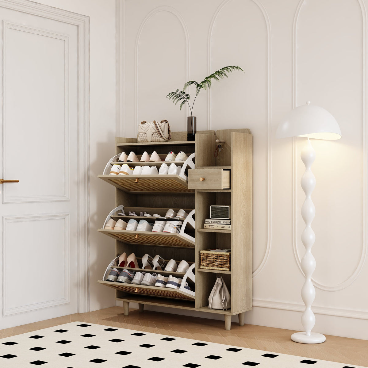 Rattan Flip Drawer Shoe Cabinet for Bohemian Entryways