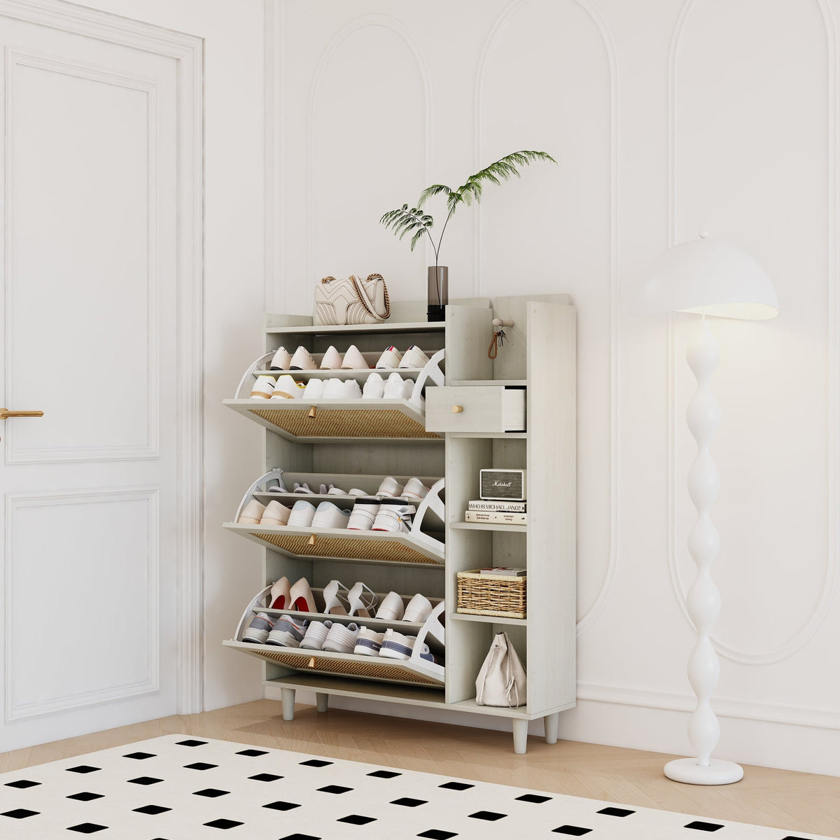 Rattan Shoe Cabinet with Flip Drawers, White Boho