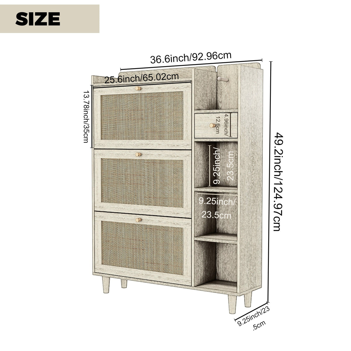 Rattan Shoe Cabinet with Flip Drawers, White Boho