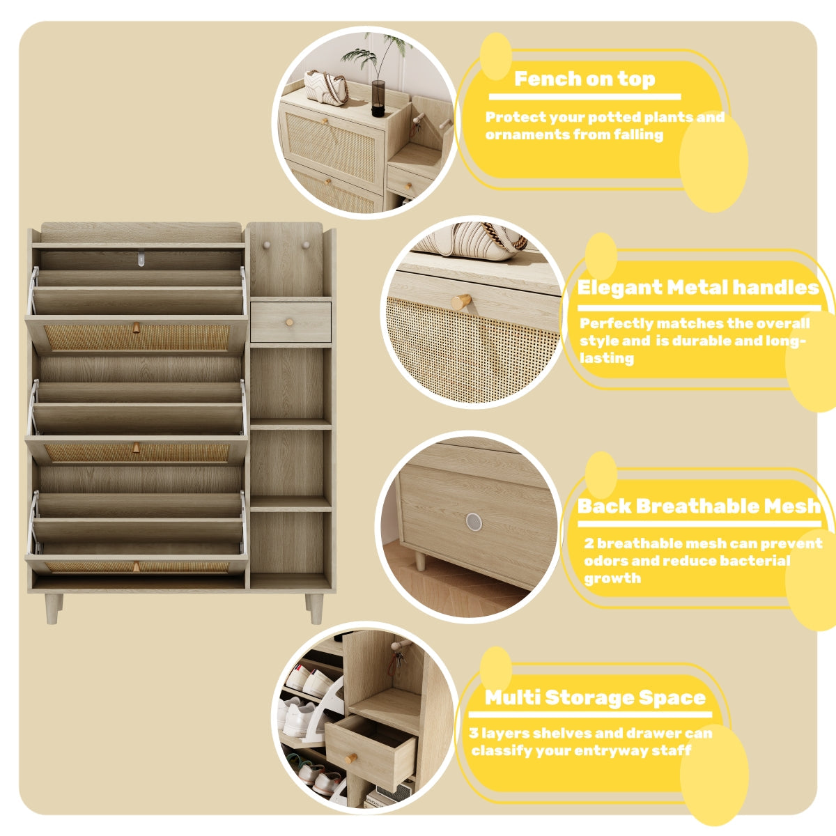 Rattan Flip Drawer Shoe Cabinet for Bohemian Entryways