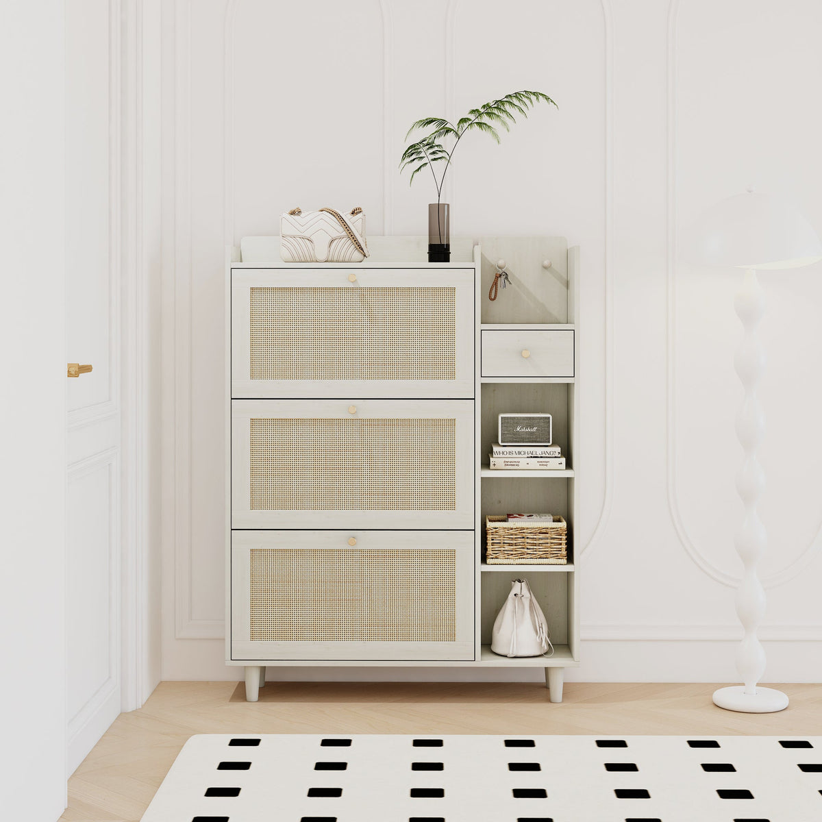Rattan Shoe Cabinet with Flip Drawers, White Boho