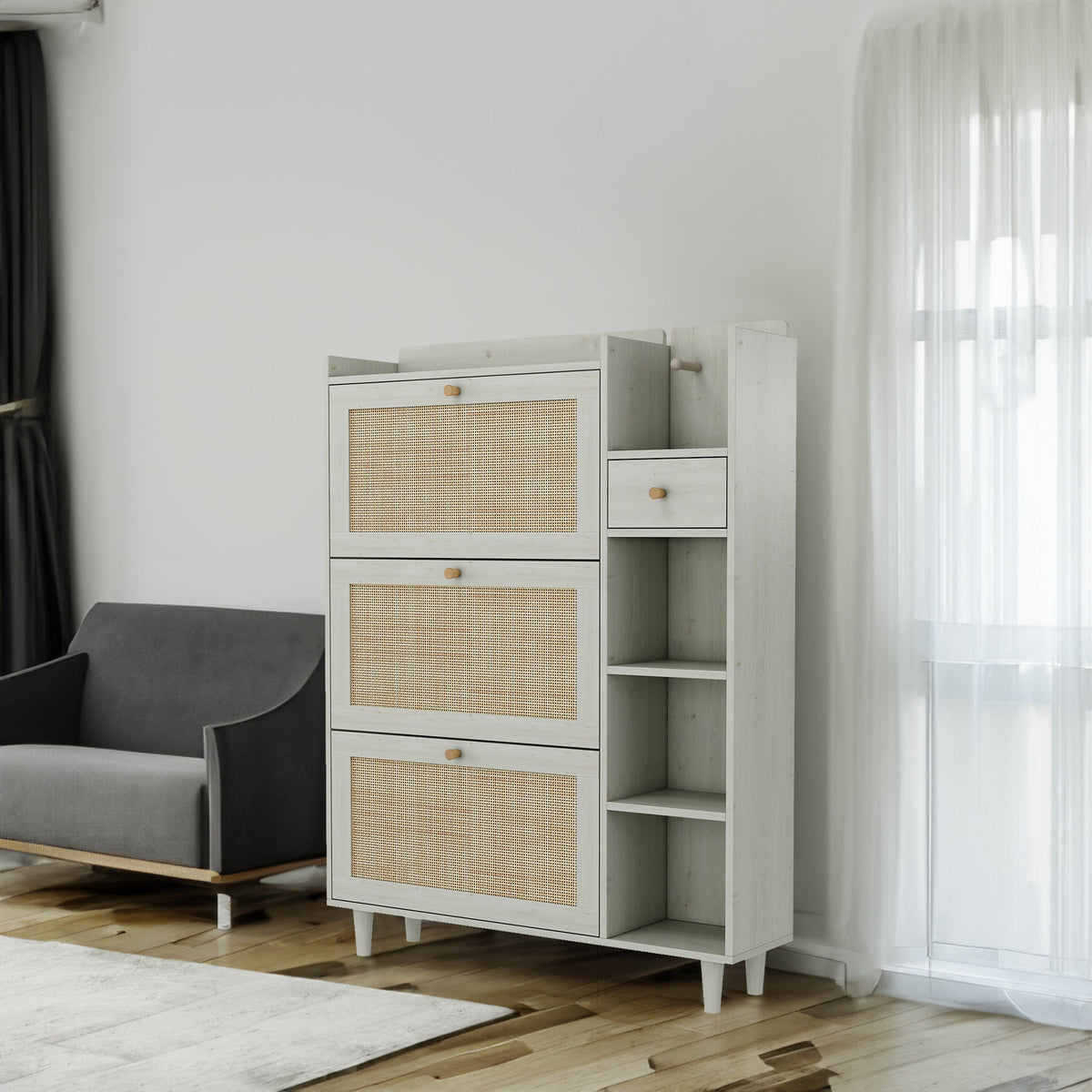 Rattan Shoe Cabinet with Flip Drawers, White Boho
