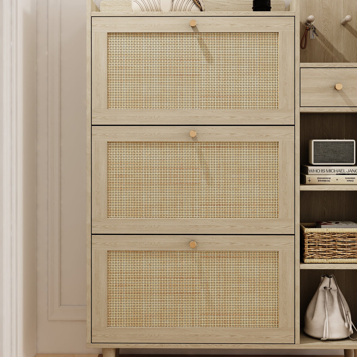 Rattan Flip Drawer Shoe Cabinet for Bohemian Entryways