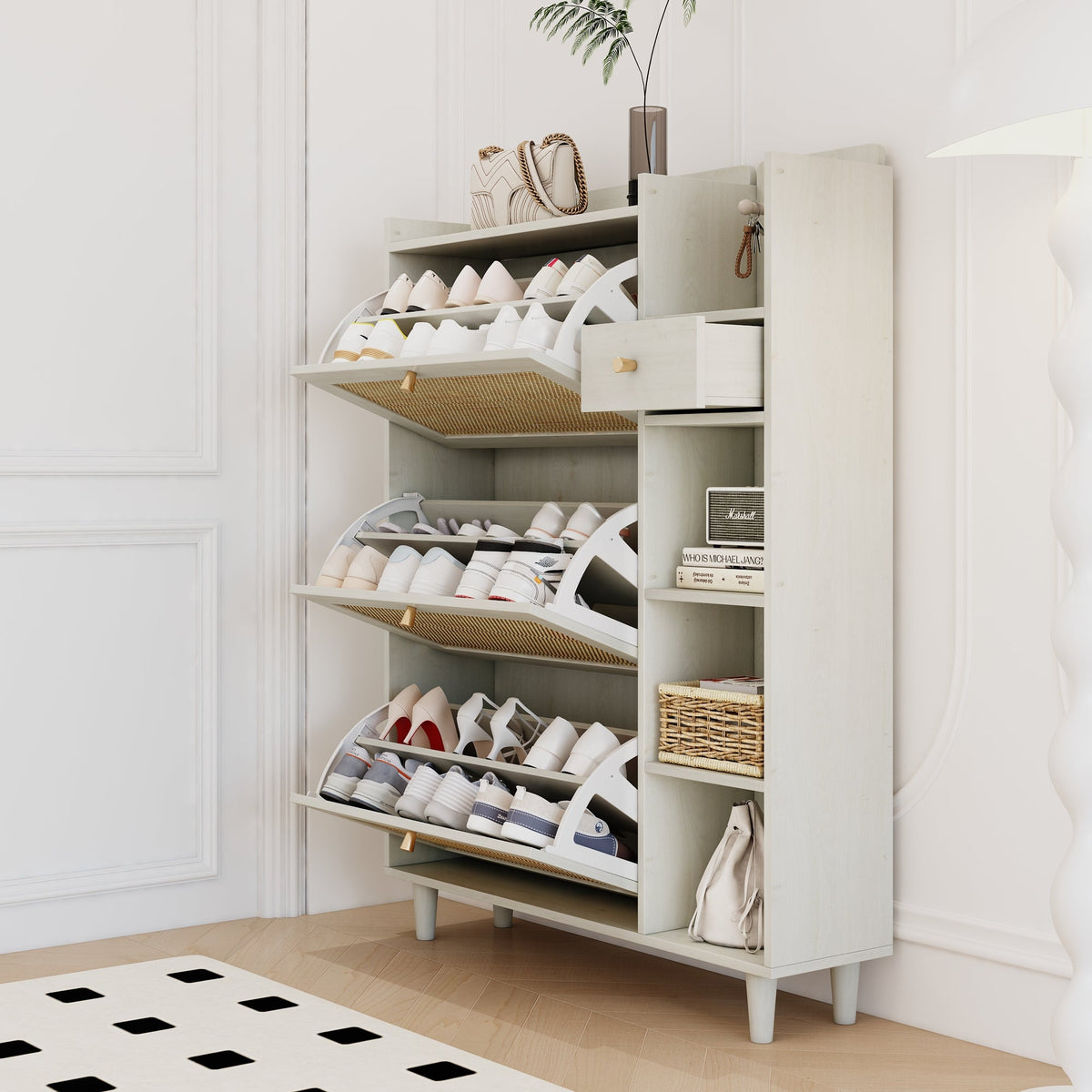Rattan Shoe Cabinet with Flip Drawers, White Boho