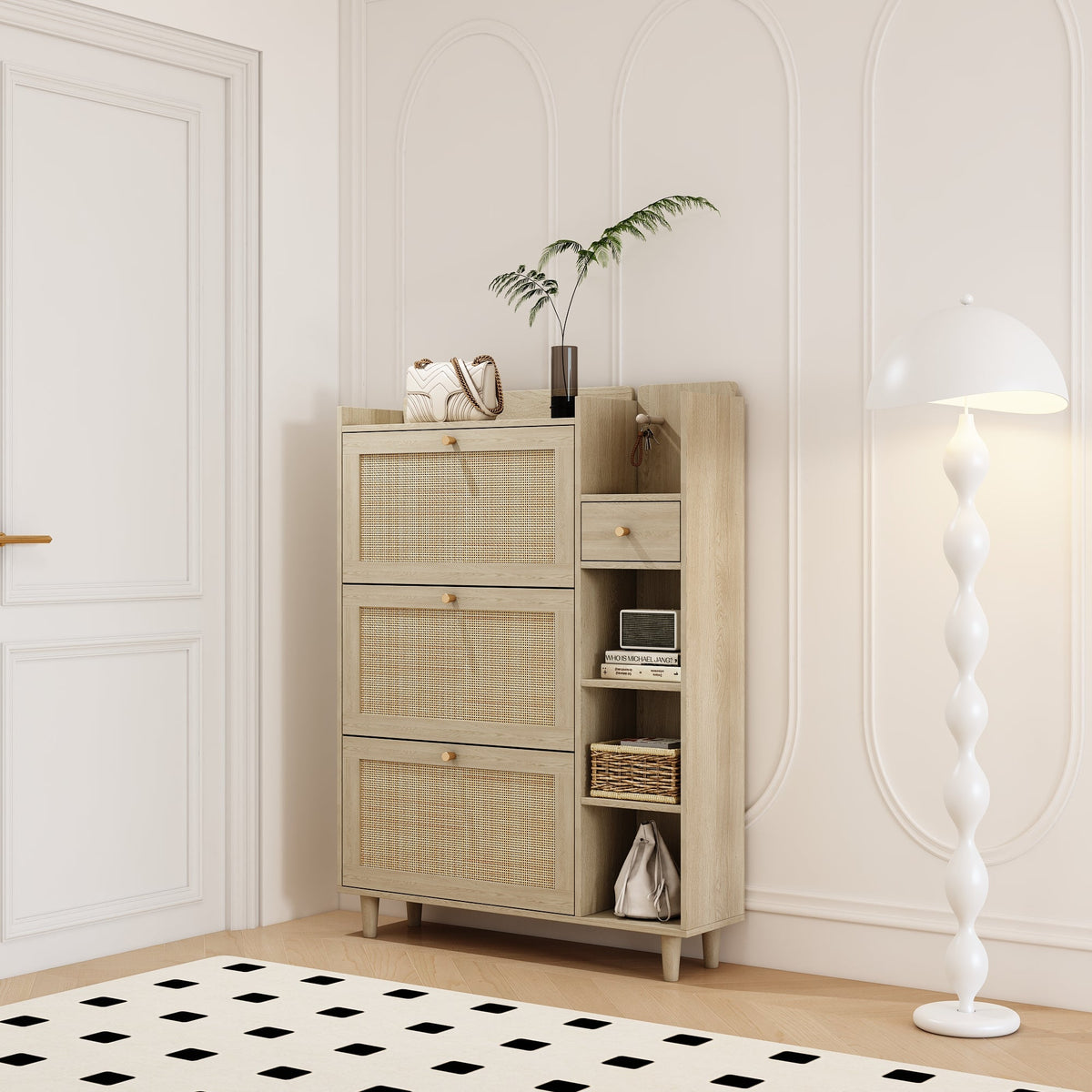 Rattan Flip Drawer Shoe Cabinet for Bohemian Entryways