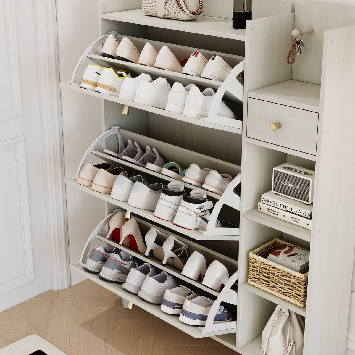 Rattan Shoe Cabinet with Flip Drawers, White Boho