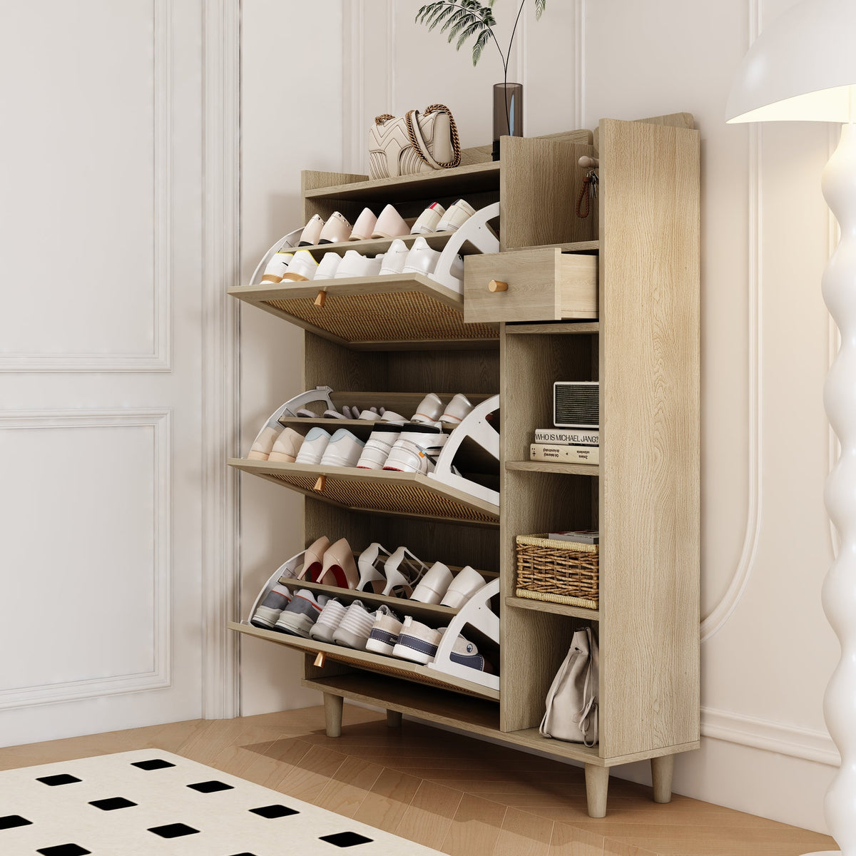 Rattan Flip Drawer Shoe Cabinet for Bohemian Entryways