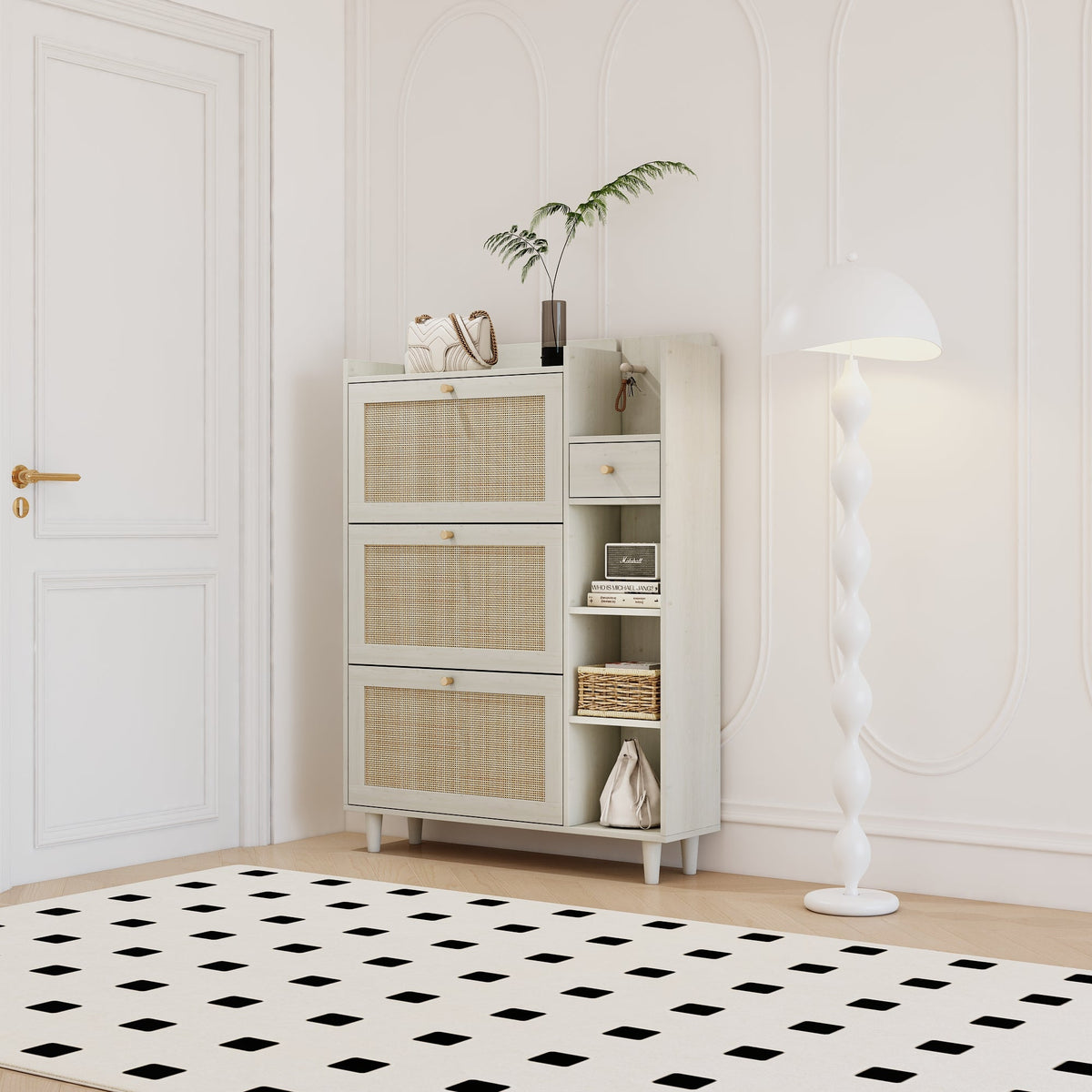 Rattan Shoe Cabinet with Flip Drawers, White Boho