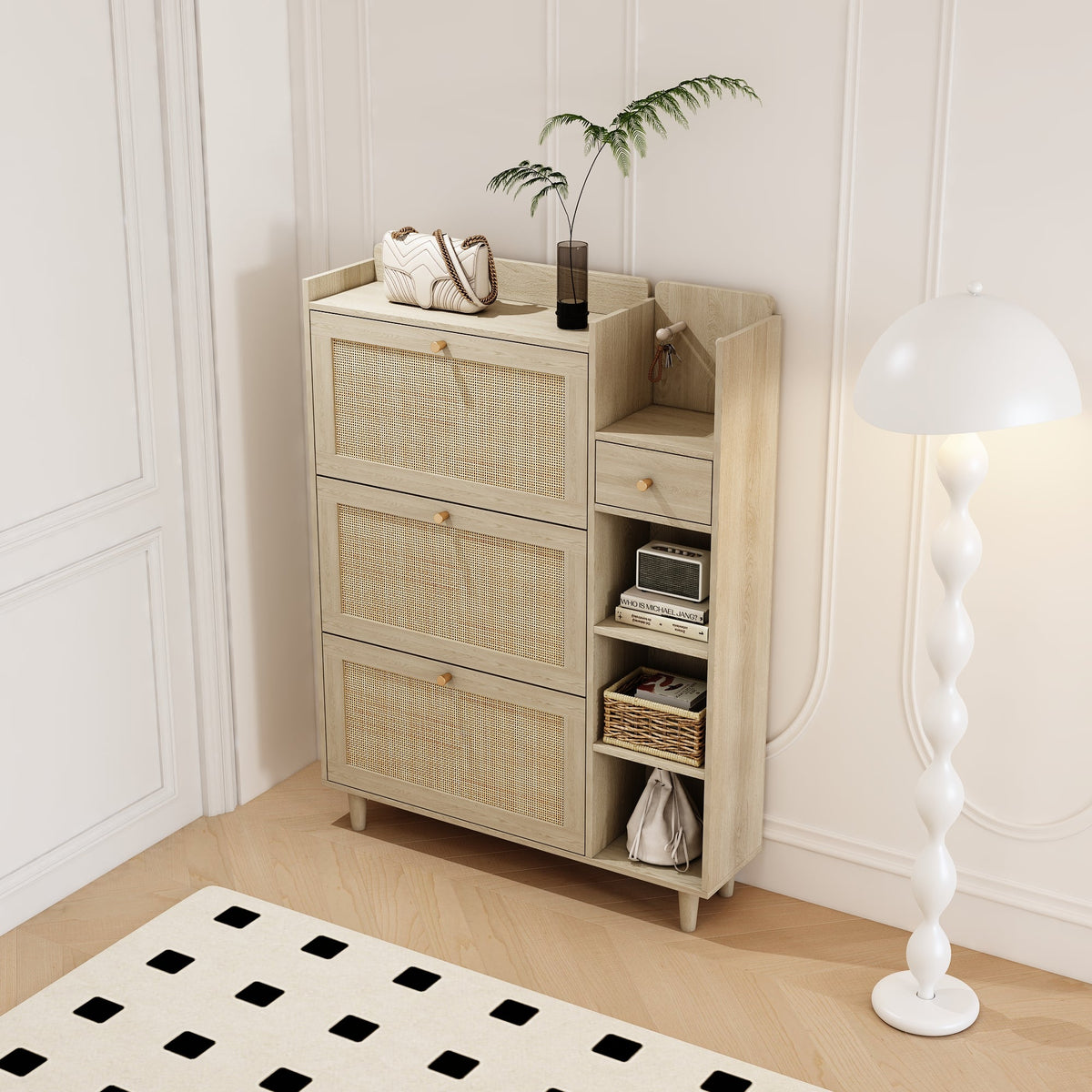 Rattan Flip Drawer Shoe Cabinet for Bohemian Entryways
