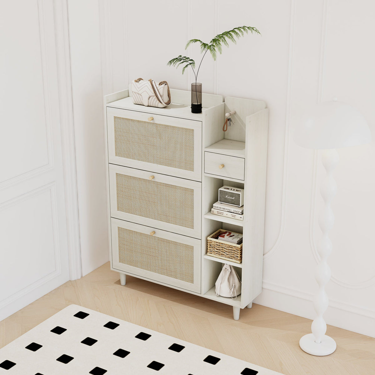 Rattan Shoe Cabinet with Flip Drawers, White Boho