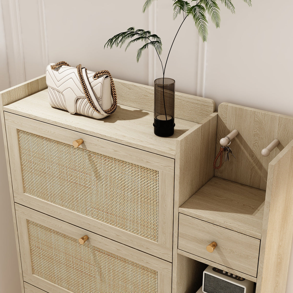 Rattan Flip Drawer Shoe Cabinet for Bohemian Entryways