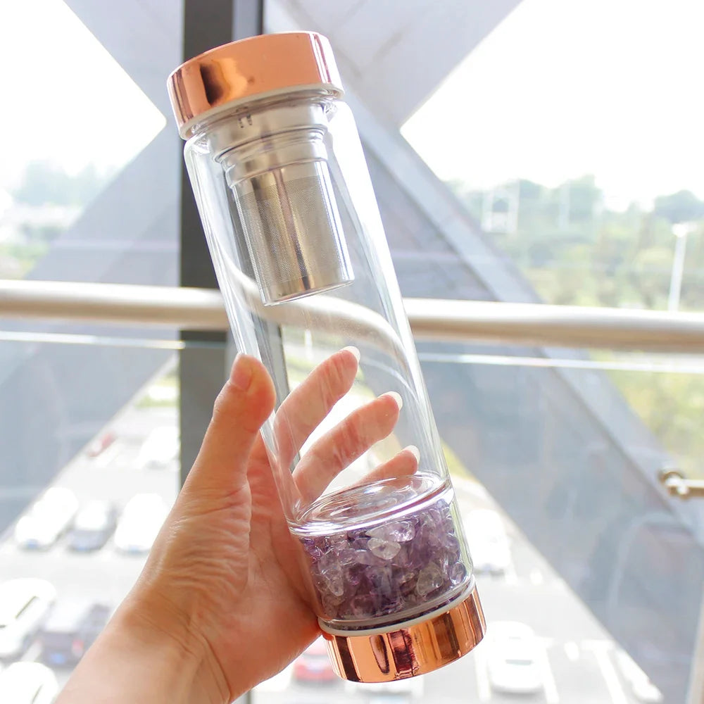 Glass Infuser Water Bottle with Tea Filter and Gemstones