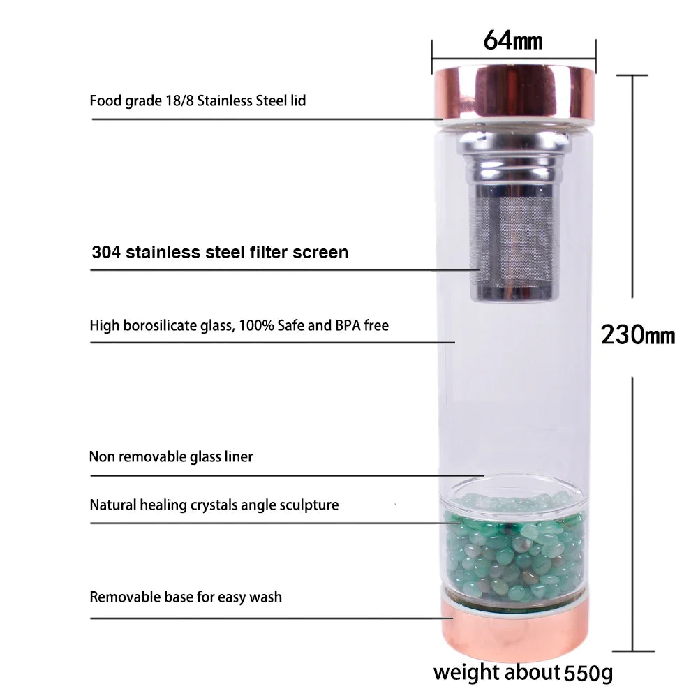 Glass Infuser Water Bottle with Tea Filter and Gemstones
