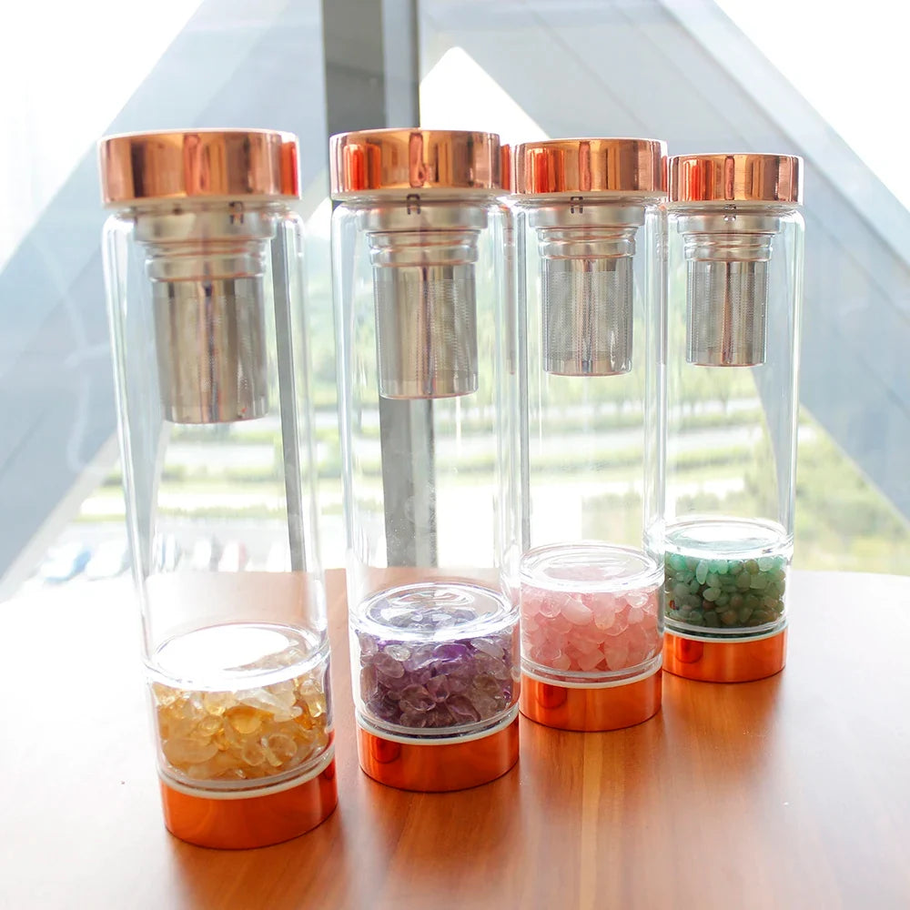 Glass Infuser Water Bottle with Tea Filter and Gemstones