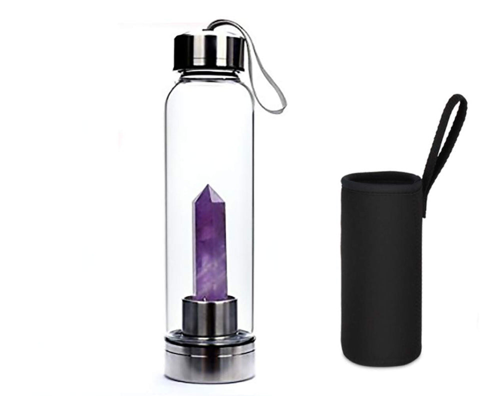 Crystal Gemstone Glass Water Bottle with Crystal Point