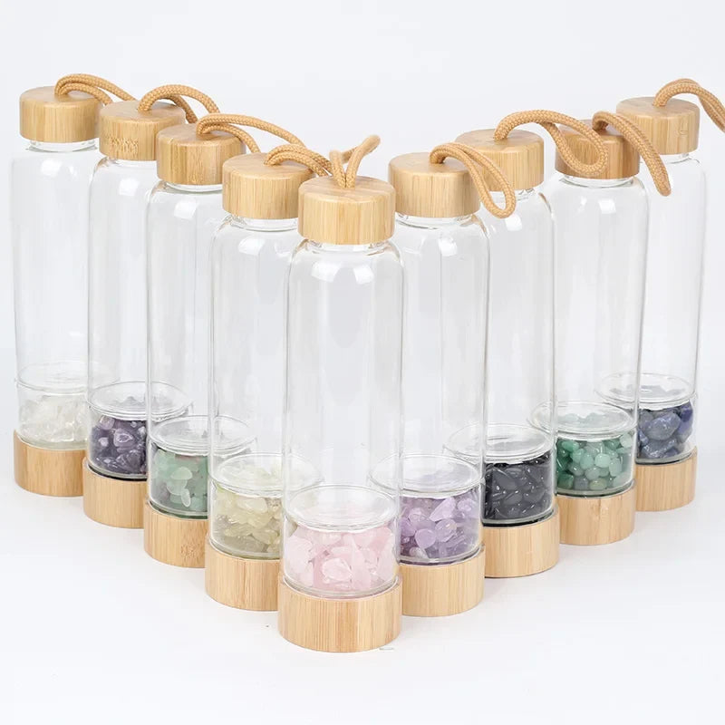 Gemstone Glass Water Bottle with Bamboo Lid and Cord