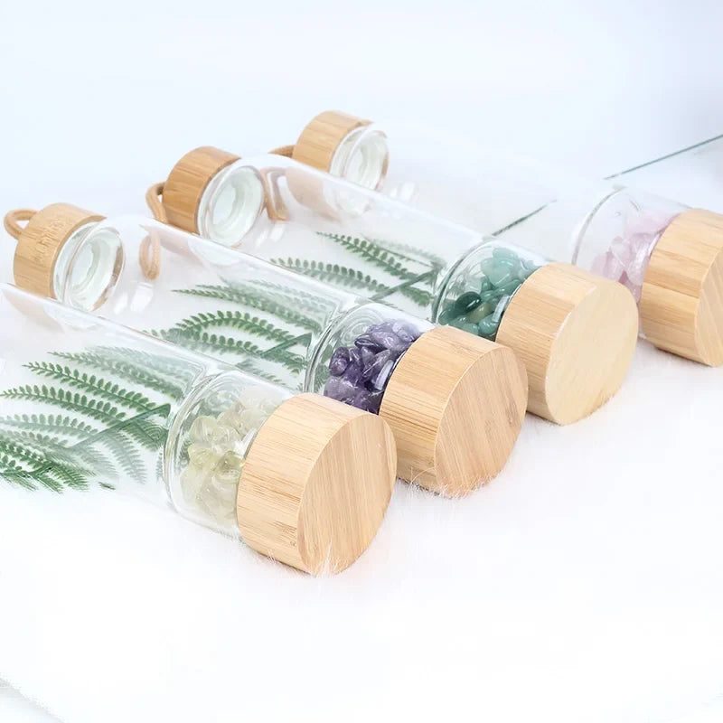 Gemstone Glass Water Bottle with Bamboo Lid and Cord