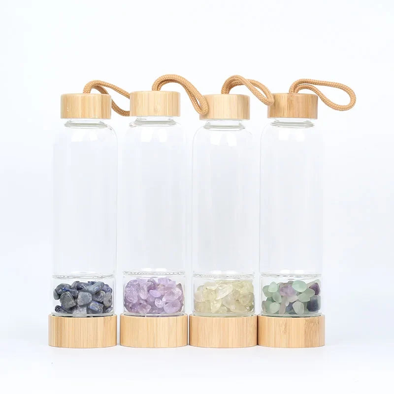 Gemstone Glass Water Bottle with Bamboo Lid and Cord