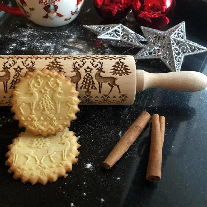 Christmas Cookie Embossing Rolling Pin, Wood Engraved