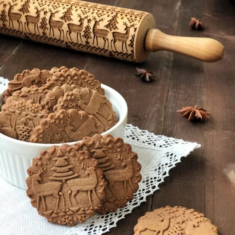 Christmas Cookie Embossing Rolling Pin, Wood Engraved