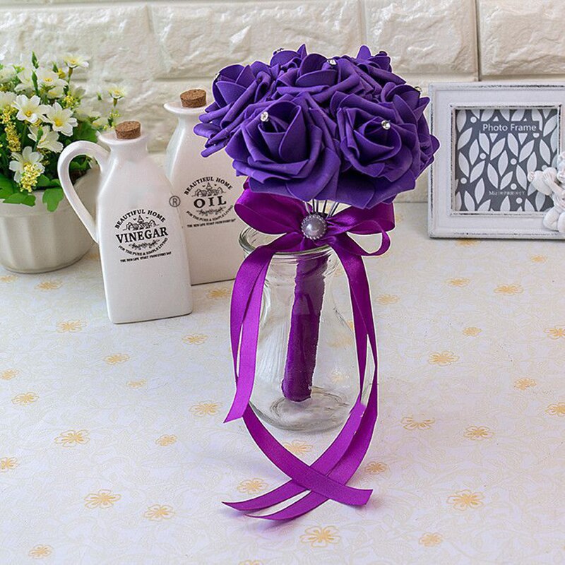 Artificial Wedding Bouquet With Crystal Rose Centers