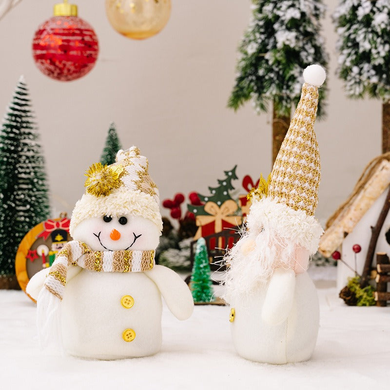 Plush Snowman & Gnome Christmas Doll Set, White Gold