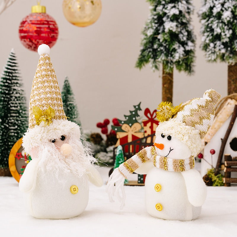 Plush Snowman & Gnome Christmas Doll Set, White Gold