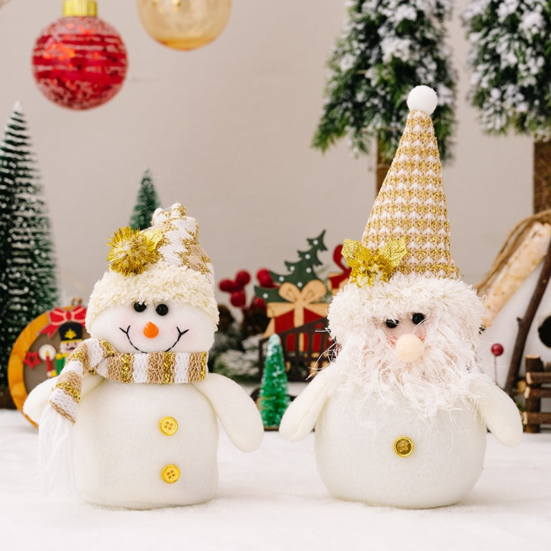Plush Snowman & Gnome Christmas Doll Set, White Gold