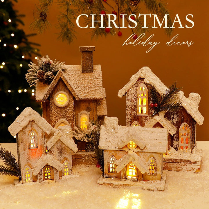 Wooden Christmas Cottage LED Snow Scene Tabletop Decor